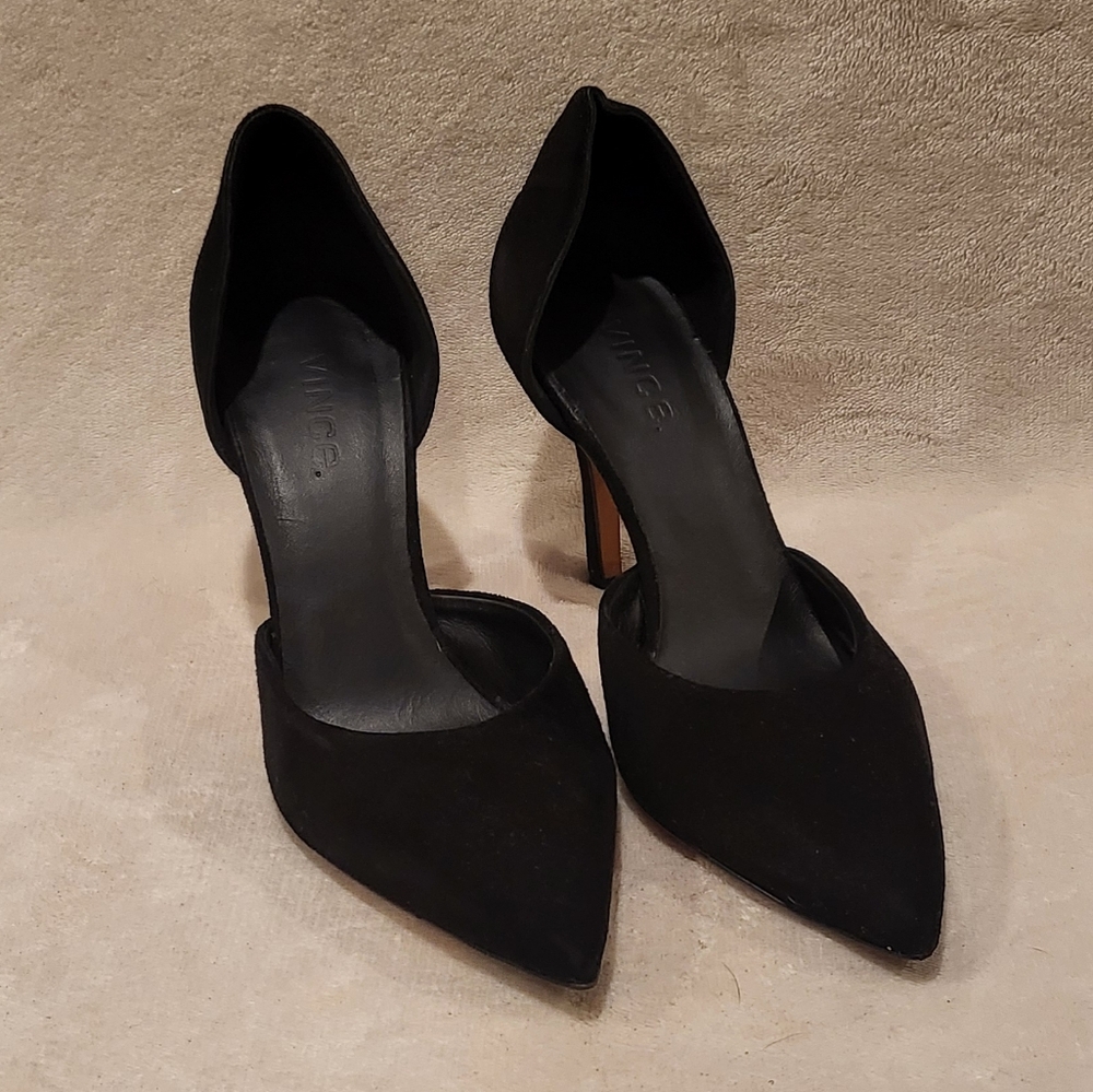 Vince Celeste Black Suede Pointed Toe D'Orsay Heel Pumps